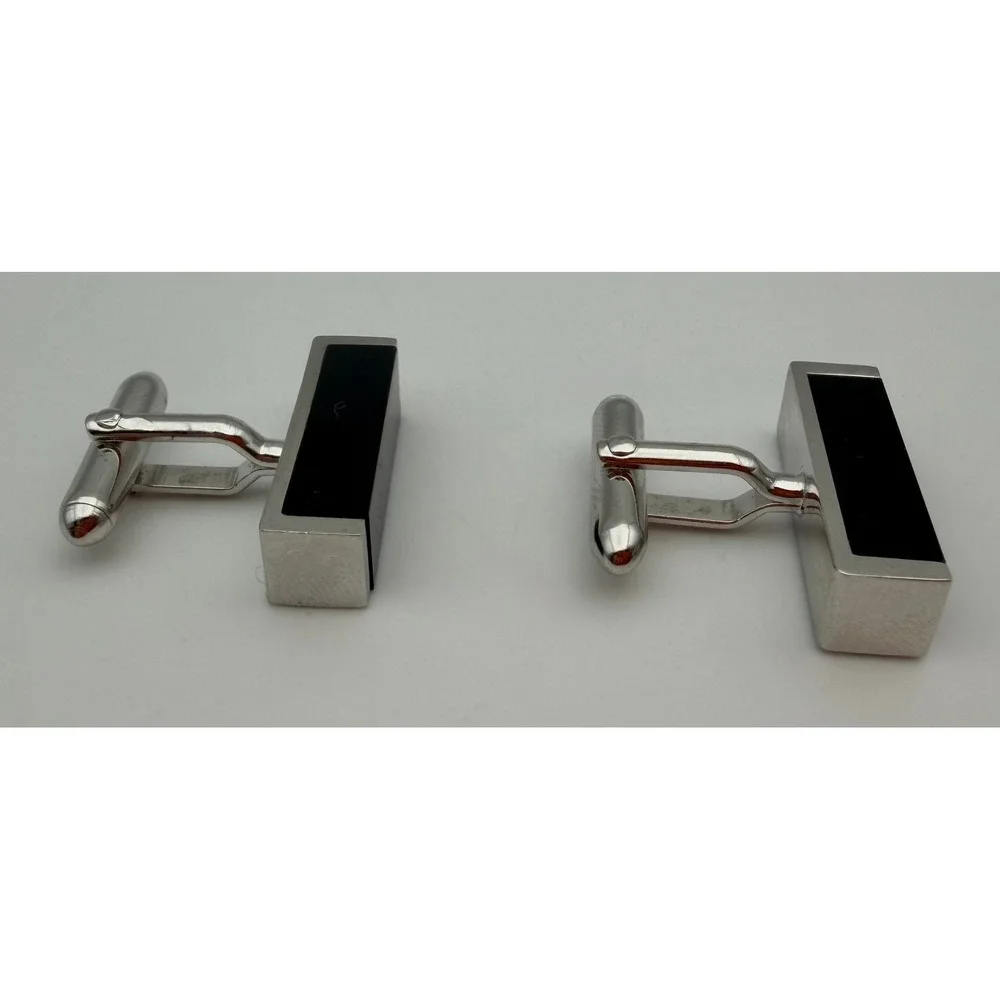 Vintage Swank Mens Silver Tone Black Onyx Rectangular Bar Cufflinks Mid Century
